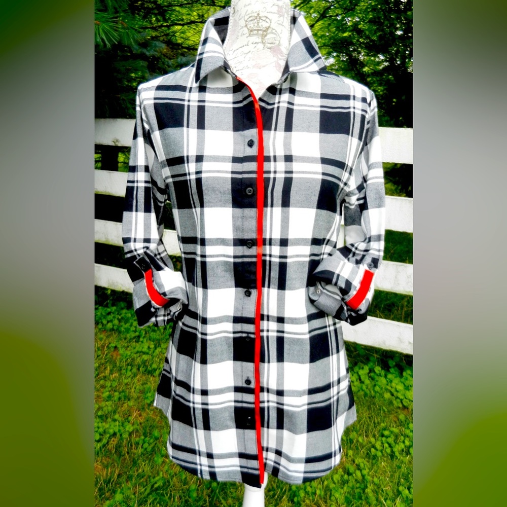 Pearly Vine Saturday Tunic Black and White Plaid w Red Ribbon (Sat-Red)